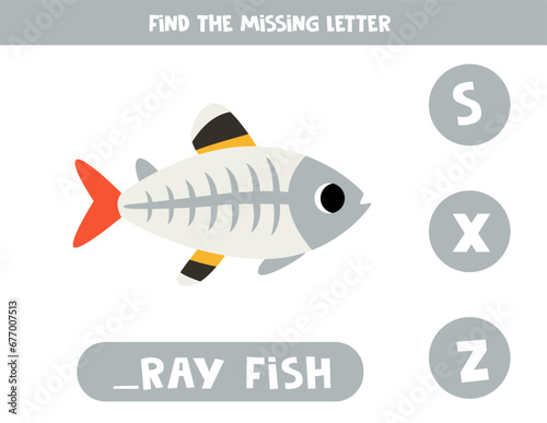 Find missing letter with cartoon xray fish. Spelling worksheet.