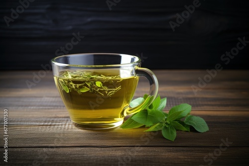 Green tea cup on a wooden backdrop