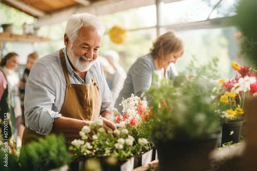 Senior citizens engaging in a fulfilling hobby  such as gardening or painting  highlighting active aging and a sense of fulfillment