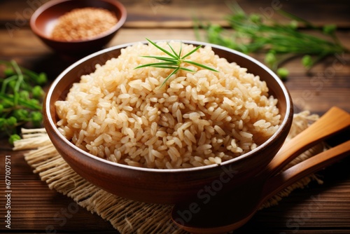 Healthier Japanese rice called Genmai is brown in color photo