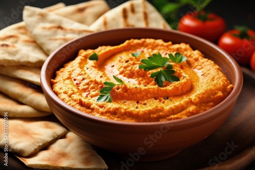 Healthy roasted red pepper hummus and pita bread