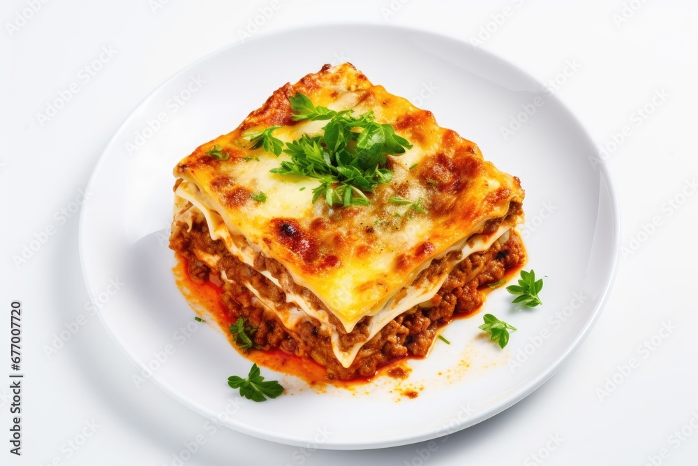 Italian Lasagna with bolognese and bachamel Sauce on white Background Hot Tasty Lasagna with Parmesan Cheese Restaurant menu recipe Top view copy space for text Italian Lasagna with bolognese and bachamel Sauce on white Background Hot Tasty Lasagna with Parmesan Cheese Restaurant menu recipe Top view copy space for text