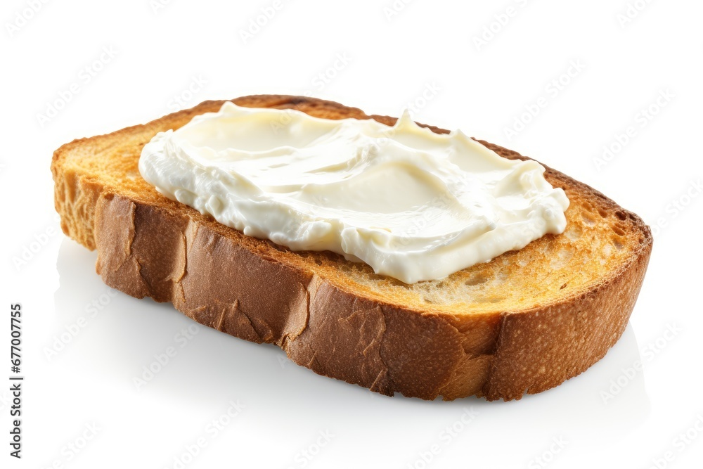 Cream cheese on toasted bread white background selective focus