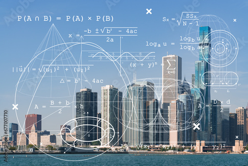 City view of Downtown skyscrapers of Chicago skyline panorama over Lake Michigan, harbor area, day time, Illinois, USA. Education concept. Academic research, top ranking universities, hologram