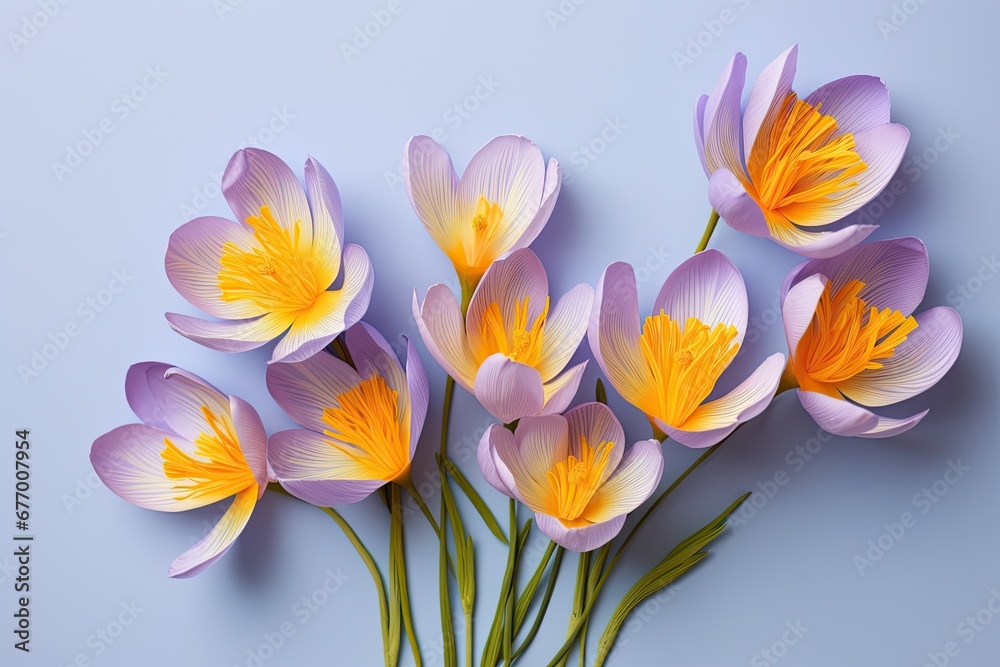 Above view of lovely Saffron crocus blossoms on a pale violet backdrop.