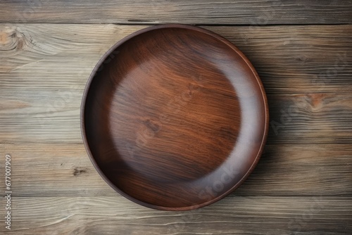 New unused handmade wooden dish plate on wooden table viewed from above
