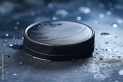 Text space available. Closeup of aged black rubber ice puck. photo