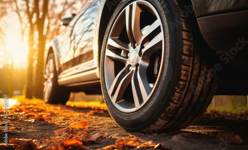 Close-up shot of a parked car's wheel with an aluminum rim, displaying all-season tires.