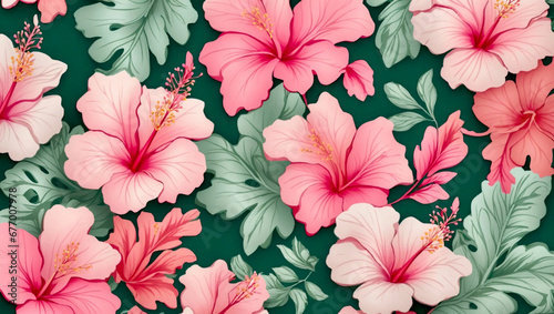 A beautiful seamless pattern with pink hibiscus flowers. AI generated