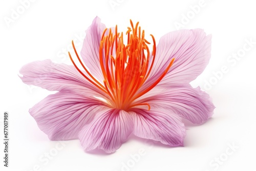 Isolated saffron flower, close-up view, white background. photo