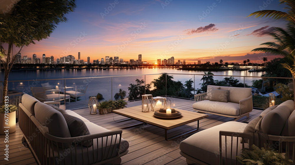 A cozy roof terrace in the evening in front of a river in the background you can see the skyscrapers of a big city