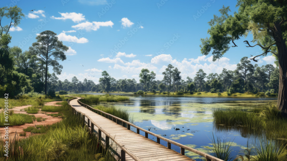 a footbridge that leads through a river in the tropics