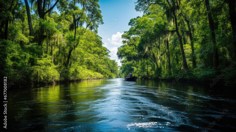 A person swims in a boat on a river through a jungle A person swims in a boat on a river through a jungle