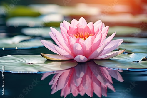 Pink water lily or lotus floating on water.