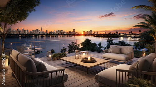 A cozy roof terrace in the evening in front of a river in the background you can see the skyscrapers of a big city