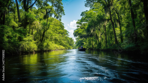 A person swims in a boat on a river through a jungle