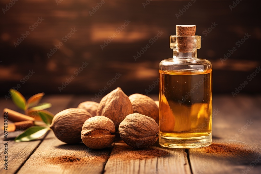 Nutmeg oil used in perfume on wooden background with copy space Nutmeg oil used in perfume on wooden background with copy space