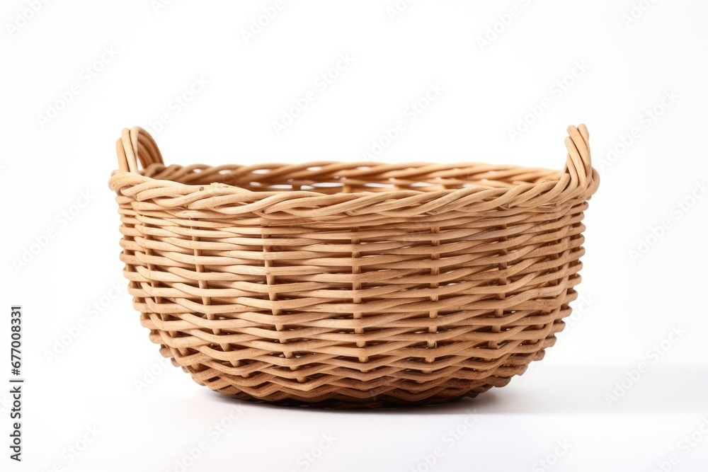 Old fashioned wicker basket on white background