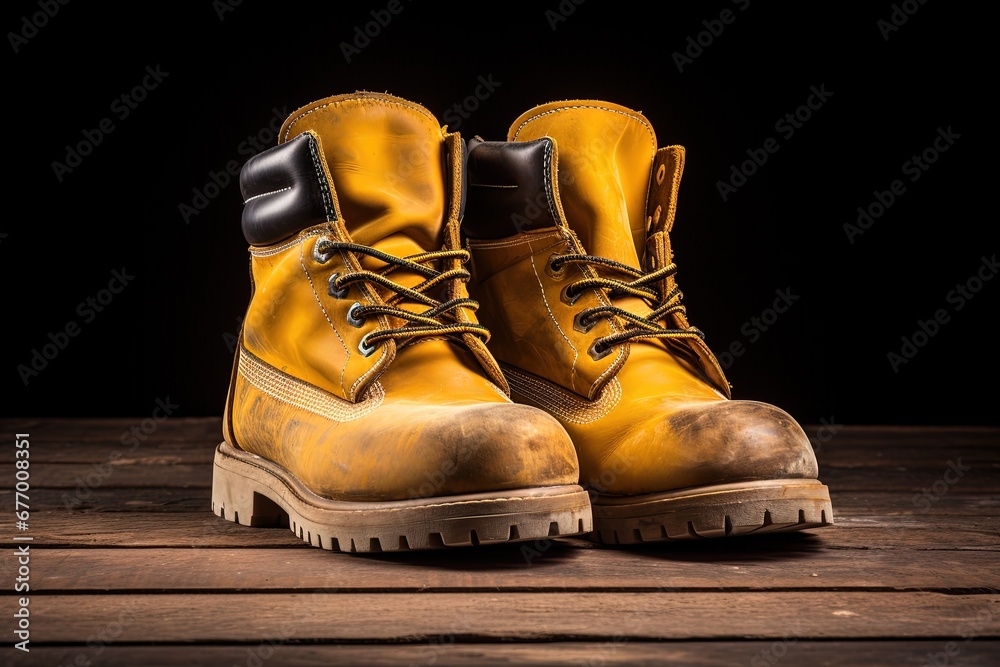 Old yellow work boots isolated on white