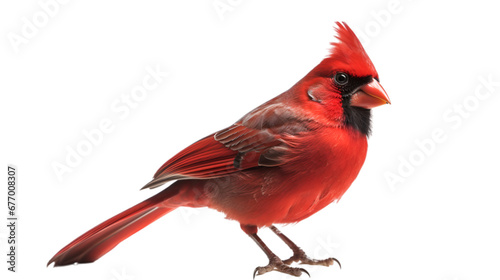 Side view, red Northern Cardinal sitting against transparent background.