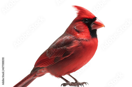 Side view, bright crimson Northern Cardinal with sitting pose looking forward, isolated on transparent background. © Naige