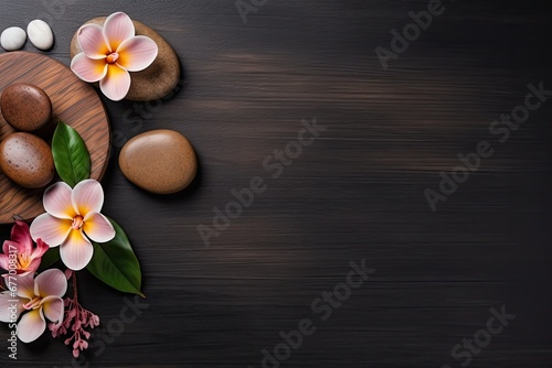 Eco-friendly spa set with pebbles, flowers, and wooden board, perfect for sauna or massage.