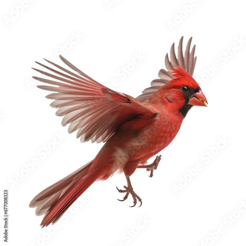 Side view of a red northern cardinal spreads its wings against transparent background.  © Naige
