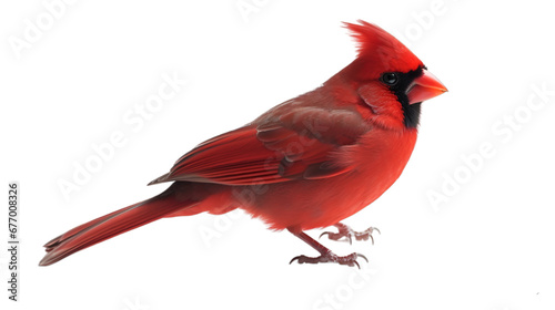 Side view, bright crimson Northern Cardinal with sitting pose turns its head to side, isolated on transparent background.  © Naige
