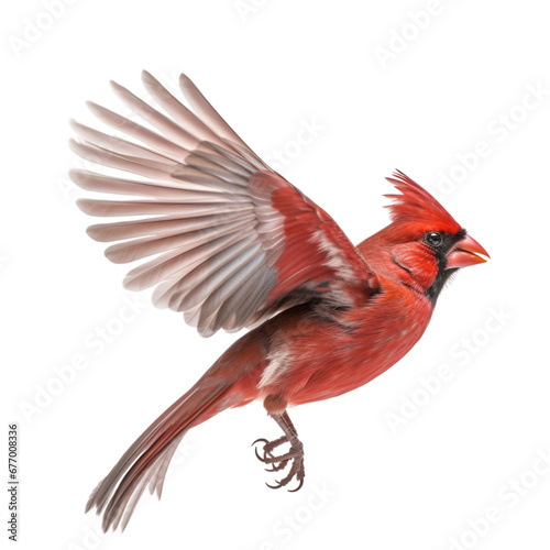 Side view, a beautiful red northern cardinal spreads its wings and flies against transparent background.  © Naige