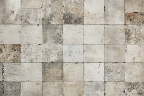Old worn vintage mosaic tiles on a gray wall background