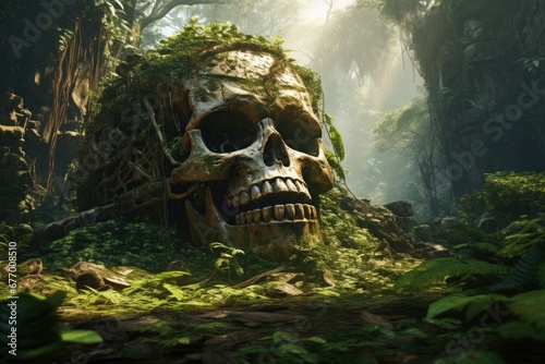Jungle ancient ruins and adventure concept with a human skull