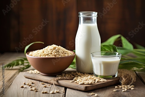 Soy milk and grains on wooden table with rustic kitchen background Alternative milk concept front view