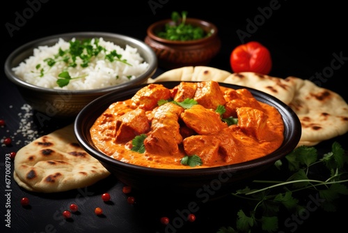 Spicy curry with chicken rice and naan on dark background