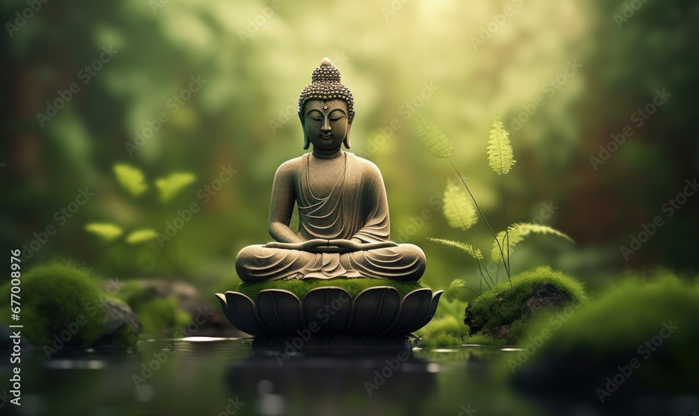 buddha statue in green zen environment, Generative AI
