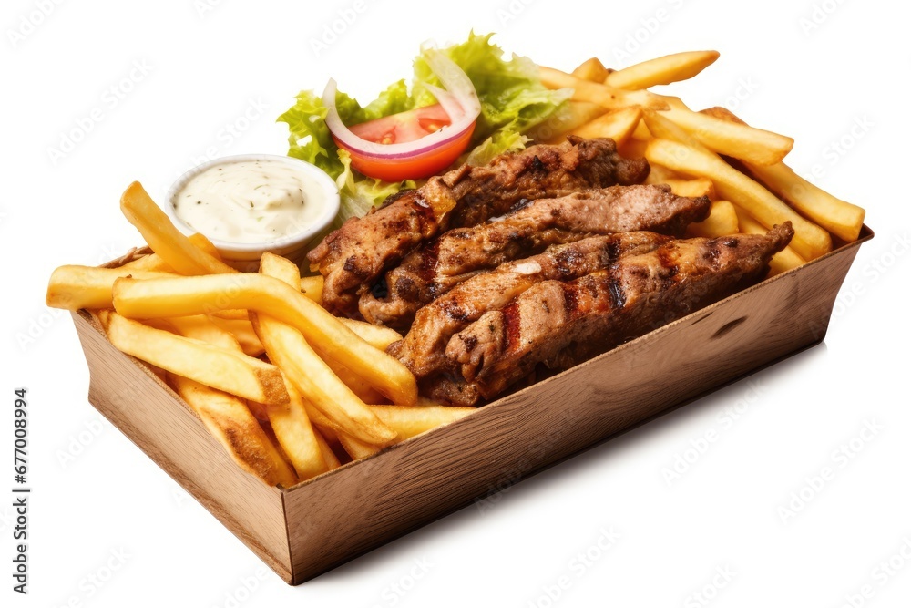 Turkish kebab and fries on white background