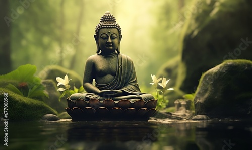 buddha statue in green zen environment  Generative AI