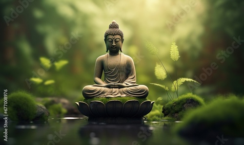 buddha statue in green zen environment, Generative AI photo
