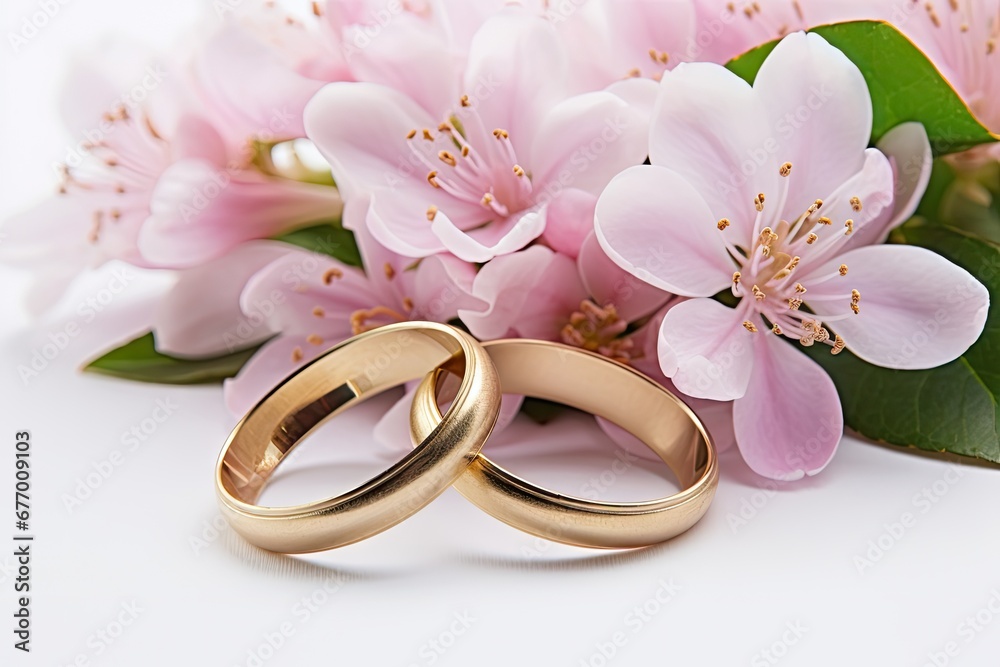 White background with pink flowers and two golden wedding rings White background with pink flowers and two golden wedding rings