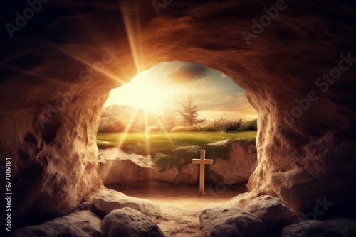 empty tomb of Jesus Christ at sunrise resurrection, Generative AI
