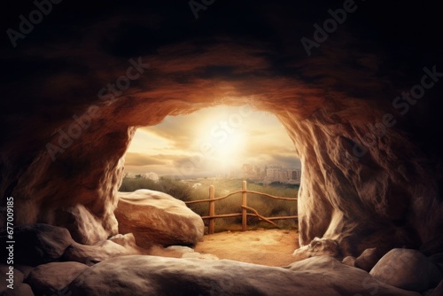 empty tomb of Jesus Christ at sunrise resurrection, Generative AI