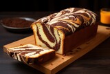 Classic marble cake on a cutting board. Moist and fluffy, with a delicious chocolate swirl.