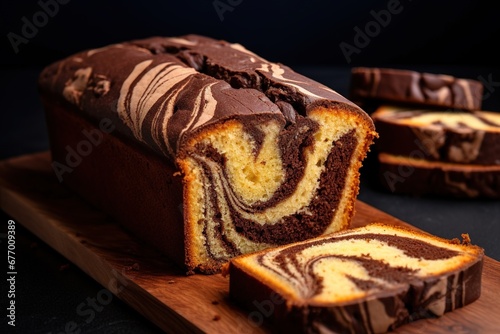 Classic marble cake on a cutting board. Moist and fluffy, with a delicious chocolate swirl.