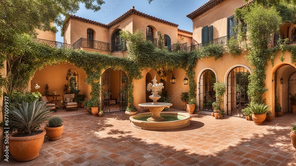 Naklejka premium A Mediterranean villa with terracotta tiles, wrought iron details, and a courtyard filled with citrus trees and fragrant flowers.