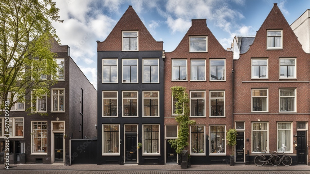 A rowhouse in Amsterdam with a narrow facade, large windows, and a distinctive gabled roof.