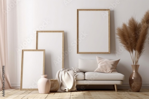 Frame mockup in cozy living room interior, 3d render, Generative AI