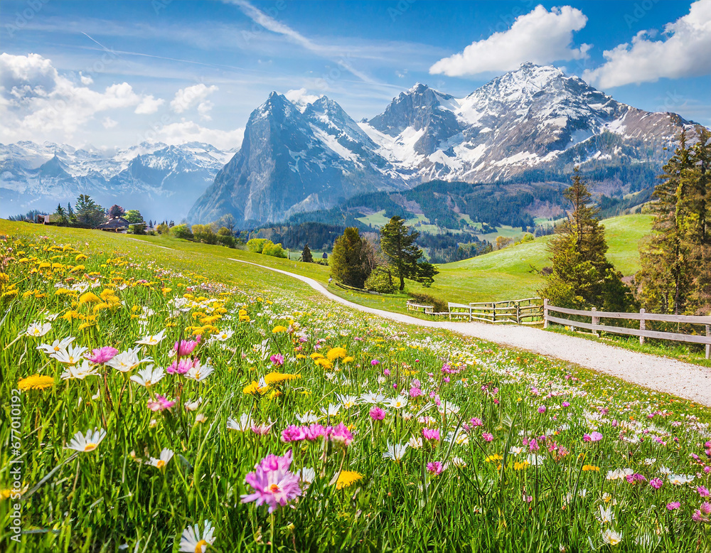 Idyllic mountain landscape in the Alps with blooming meadows in springtime