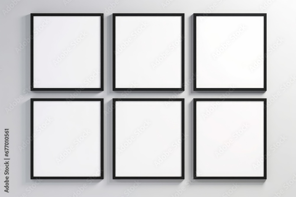 gallery frame mockup, six black frames on the wall, 3d render, Generative AI