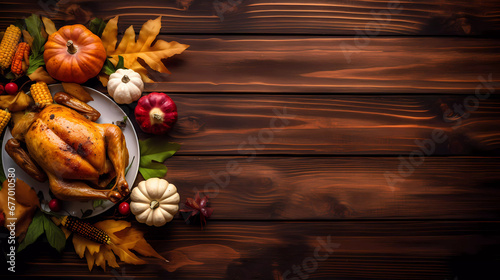 Top view of traditional Thankgiving turkey dinner on a dark wood banner background with copy space.