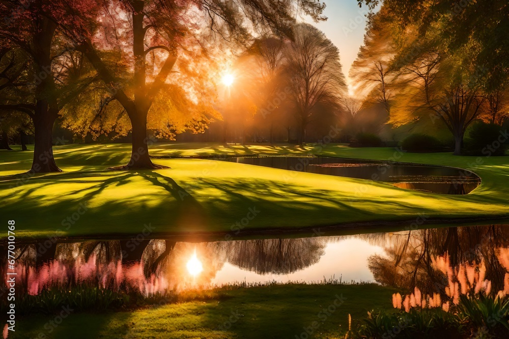 Imagine a vibrant park scene captured during golden hour, with the warm sunlight casting long shadows on the lush green grass. The sky is painted in soft hues of pink and orange as the sun sets, creat