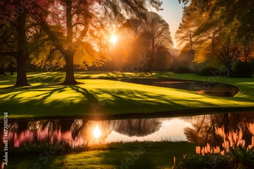 Imagine a vibrant park scene captured during golden hour, with the warm sunlight casting long shadows on the lush green grass. The sky is painted in soft hues of pink and orange as the sun sets, creat © MUmar